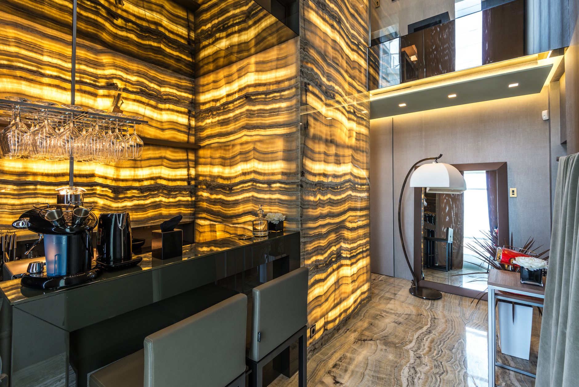 Interactive luxury living environment with warm tones